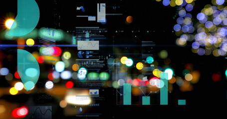 Image of statistics processing over out of focus lights and cityscape