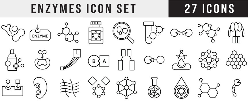 Black line vector icons representing enzymes, molecular structures, chemical reactions, catalysts, biochemistry, scientific research, metabolism, pharmaceutical compounds, and lab analysis.
