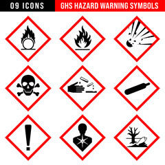 GHS hazard warning symbols set, chemical safety icons, toxic, flammable, corrosive, environmental hazard, explosion risk, gas cylinder, health hazard, exclamation mark, industrial safety pictograms
