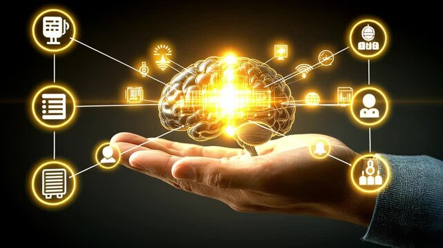 Mind's Connection: Hand holding a glowing brain, interconnected with luminous icons. A visual metaphor for intellect and technology.