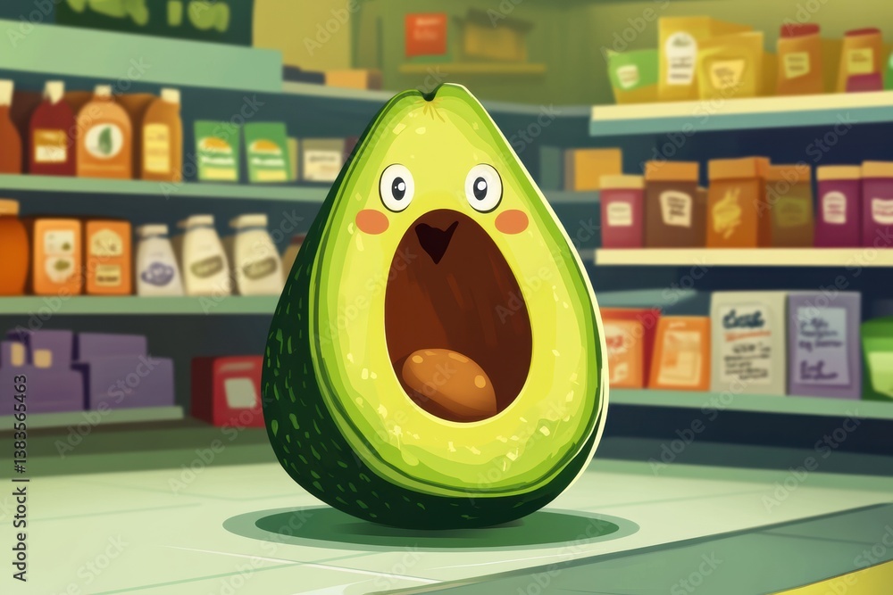 Poster playful oversized cartoon avocado character with vibrant colors and cheerful expression in a grocery
