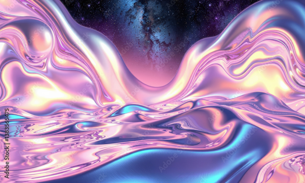 Poster mesmerizing celestial hologram background featuring flowing waves of iridescent colors, creating dre