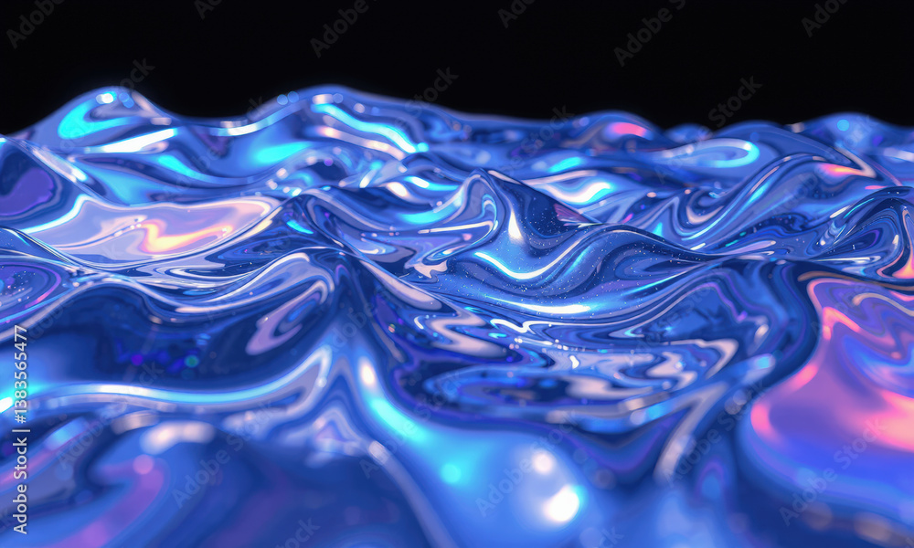 Poster mesmerizing abstract representation of fluid waves, showcasing vibrant blue and purple hues with glo