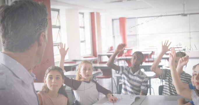 Image of mathematical equations over schoolchildren learning - Powered by Adobe