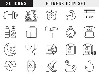 Fitness and gym icon set featuring 20 high-quality line icons related to workout, training, health, bodybuilding, exercise, nutrition, weightlifting, cardio, tracking, and wellness.