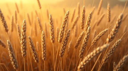 Close-up view of golden wheat heads in a field bathed in warm sunlight.