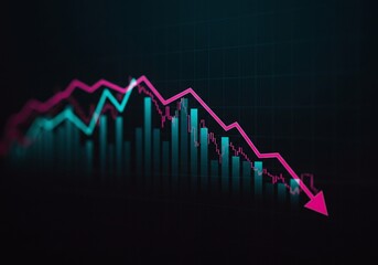 Financial data graph going downwards, representing a market crash or decline. The graph includes red and teal lines and bar charts, with an arrow pointing downward