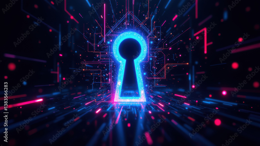 Poster cybersecurity concept with a futuristic digital lock surrounded by code.