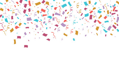 Colorful confetti top border with falling festive pieces. Perfect for party invitations, celebrations, birthdays, New Year, weddings, and greeting cards. Ideal for banners, backgrounds, and events