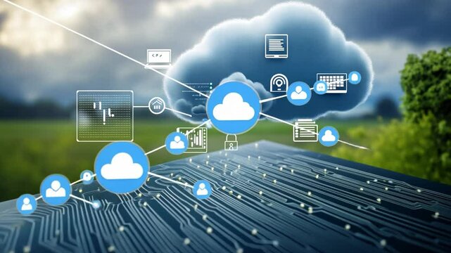 Cloud Network Concept: A vibrant illustration of cloud computing and data network, showcasing digital data and connectivity across various platforms with the blue cloud.