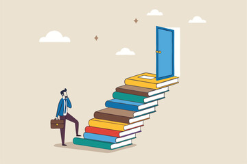 Education or learning for new opportunity, wisdom or knowledge to open door to success, solution, growth or career learning concept, businessman climb up book stack stair to reach opportunity door.