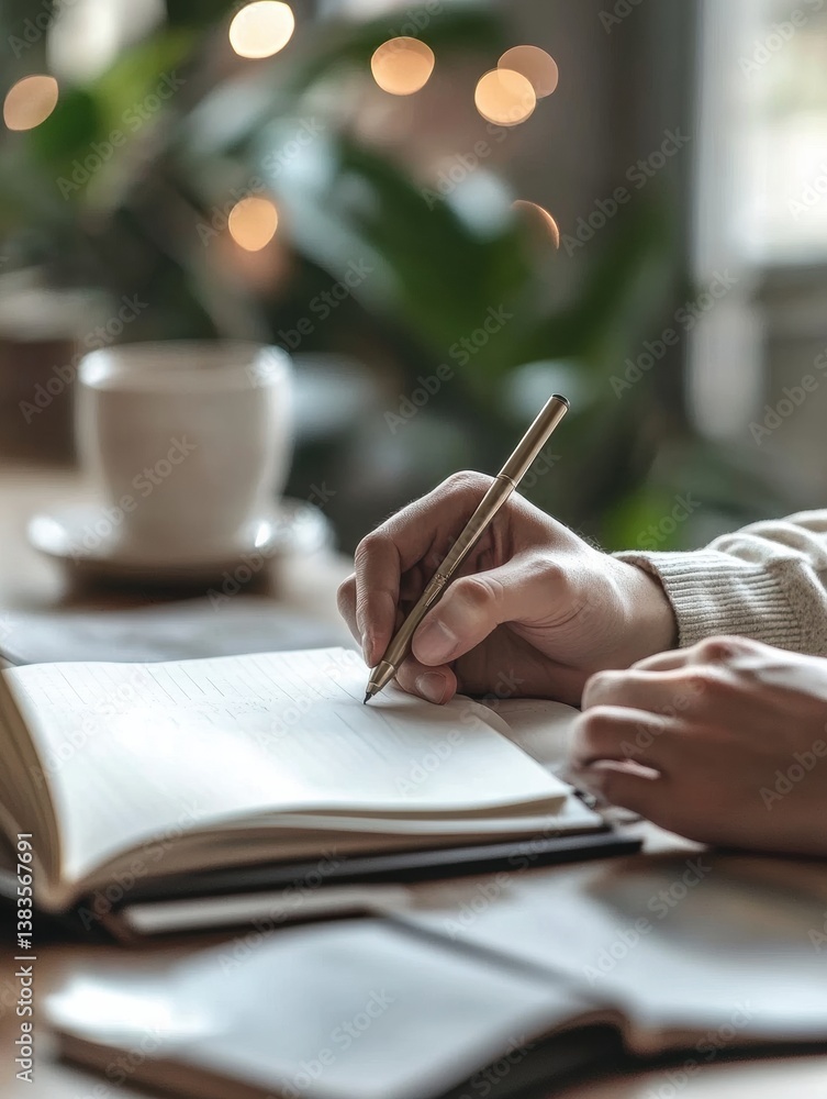 Poster professional working in minimalist office, writing in stylish notebook with natural lighting and sof