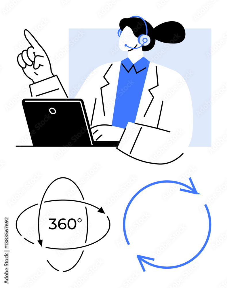 Poster customer support professional gesturing during a virtual call accompanied by 360-degree and circular