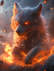 Naklejka premium A powerful fantasy wolf with fiery magic, its piercing eyes and mystical aura radiating dominance and legend. 