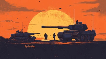 a clean, minimalistic illustration with dark silhouettes of modern artillery equipment