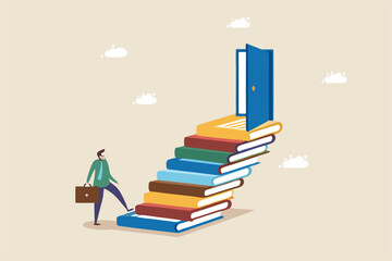 Education or learning for new opportunity, wisdom or knowledge to open door to success, solution, growth or career learning concept, businessman climb up book stack stair to reach opportunity door.