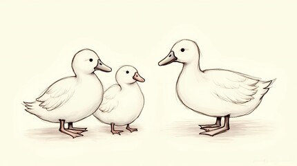 Fototapeta premium A charming illustration of three white ducks, a mother and two ducklings, positioned in a friendly, symmetrical arrangement against a plain cream background.