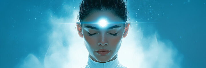 Tranquil woman in white attire with illuminated third eye at her third eye chakra, third eye opening, third eye awakening, clairvoyance, intuition © Dada635