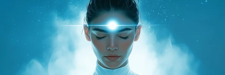Tranquil woman in white attire with illuminated third eye at her third eye chakra, third eye opening, third eye awakening, clairvoyance, intuition © Dada635