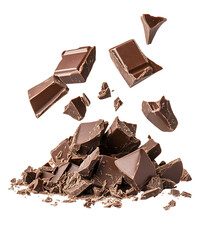 Falling Dark Brown Chocolate Pieces on Transparent Background, PNG