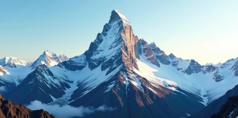 A solitary mountain peak rises above snow-capped peaks, natural, rocky