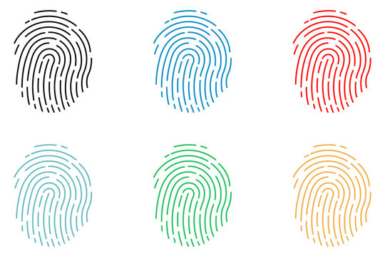 Set of six fingerprint icons in black, blue, red, teal, green, and yellow. Ideal for biometric security, digital identity verification, authentication, cyber protection, and modern technology designs.