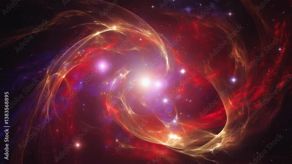 Poster cosmic swirl of glowing red nebula in deep space with radiant lights and stars motion spiral rotatin