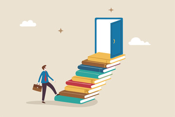Education or learning for new opportunity, wisdom or knowledge to open door to success, solution, growth or career learning concept, businessman climb up book stack stair to reach opportunity door.