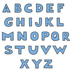 Hand drawn cartoon blue english alphabet on white background.