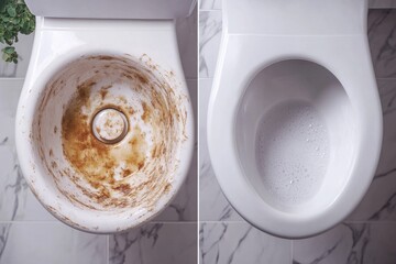 Cleaning detergent removing dirt and stains from toilet bowl: before and after comparison