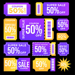 Naklejka premium Vibrant discount coupon vector set featuring 50% off deals, super sales, mega sales, and promotional vouchers. Ideal for e-commerce, marketing, retail advertisements, and online shopping.