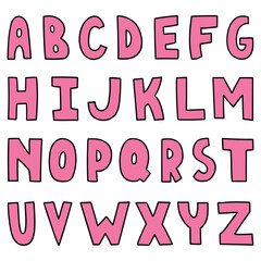 Hand drawn cartoon pink english alphabet on white background.
