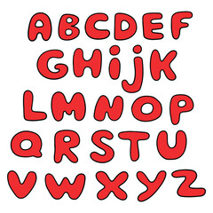 Hand drawn cartoon red english alphabet on white background.