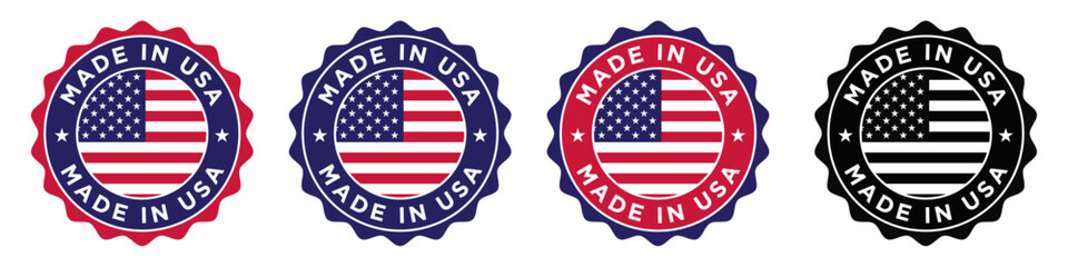 Made in USA badge design featuring circular emblem with American flag, patriotic label, premium quality stamp, vector illustration, certification seal, and product authenticity mark.