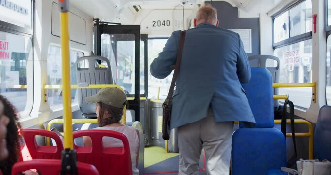 Travel, dance and business man on bus with phone payment, energy and excited for work with high five. Public transport, celebration and happy mature person moving for morning commute, journey or trip