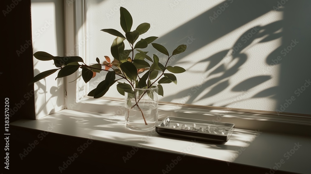 Poster natural light illuminating a plant on a windowsill with shadows creating an artistic display