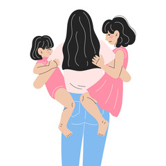 Young Mother Holding Two Daughters of Different Ages, Rear View Flat Style Mother’s Day Illustration on White Background