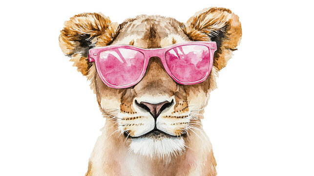 female llion with pink sunglasses isolated on transparent background
