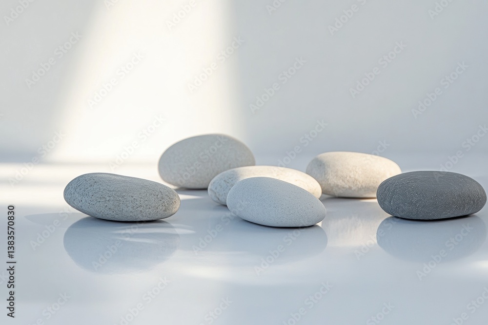 Poster minimalist arrangement of smooth river stones on a white surface highlighting soft lighting and neut