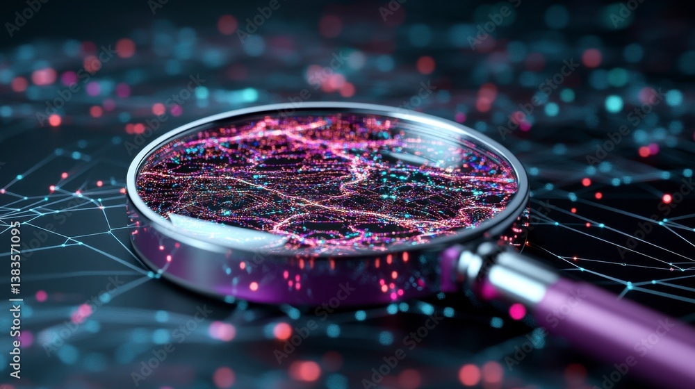 Poster magnifying glass reveals a network of colorful data points, detailed visualization of complex inform