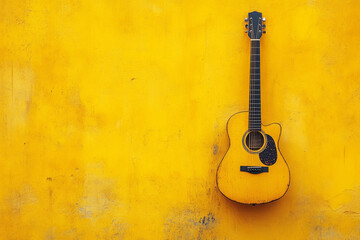 Classic acoustic guitar hanging on a vibrant yellow wall, creating a striking visual contrast