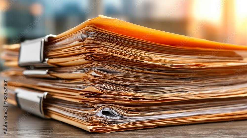 Poster close up of two stacks of aged documents with metallic fasteners, showing details of paper texture a