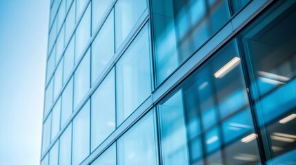 Fototapeta premium Modern glass building exterior close-up, showcasing blue tinted windows and metallic frames against a bright sky.