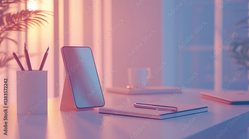 Fototapete minimalist desk setup featuring a notebook, smartphone, and pen in soft lighting for a calm and orga