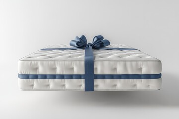 Comfortable orthopedic mattress wrapped with a blue ribbon floating on a white background represents a perfect gift for better sleep