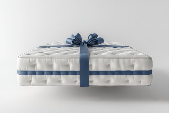 Comfortable orthopedic mattress wrapped with a blue ribbon floating on a white background represents a perfect gift for better sleep