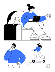 Person with laptop working on a couch near a cat, individual thinking with hand on chin, and rider using an electric scooter by a charging plug. Ideal for multitasking, work-life balance
