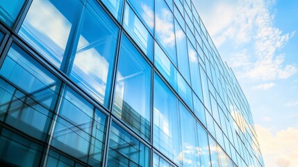 Obraz premium Modern glass skyscraper reflecting blue sky and clouds.