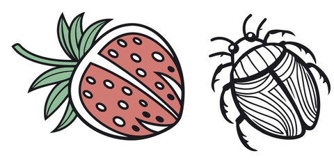 Colorful Strawberry and Beetle Vector Illustration – Perfect for Nature-Themed Designs, Eco-Friendly Projects, and Organic Branding