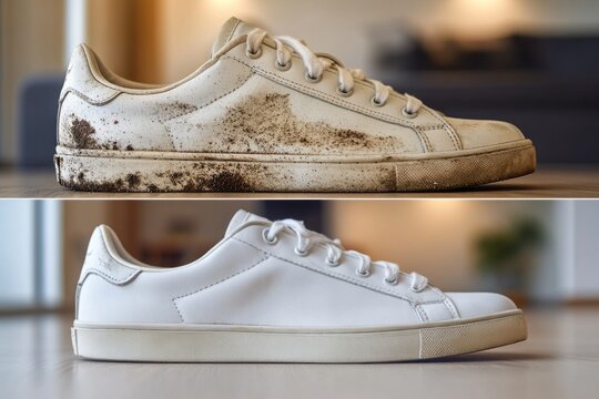 Before-and-after comparison showcasing the effectiveness of cleaning muddy white sneakers, restoring them to their original pristine state